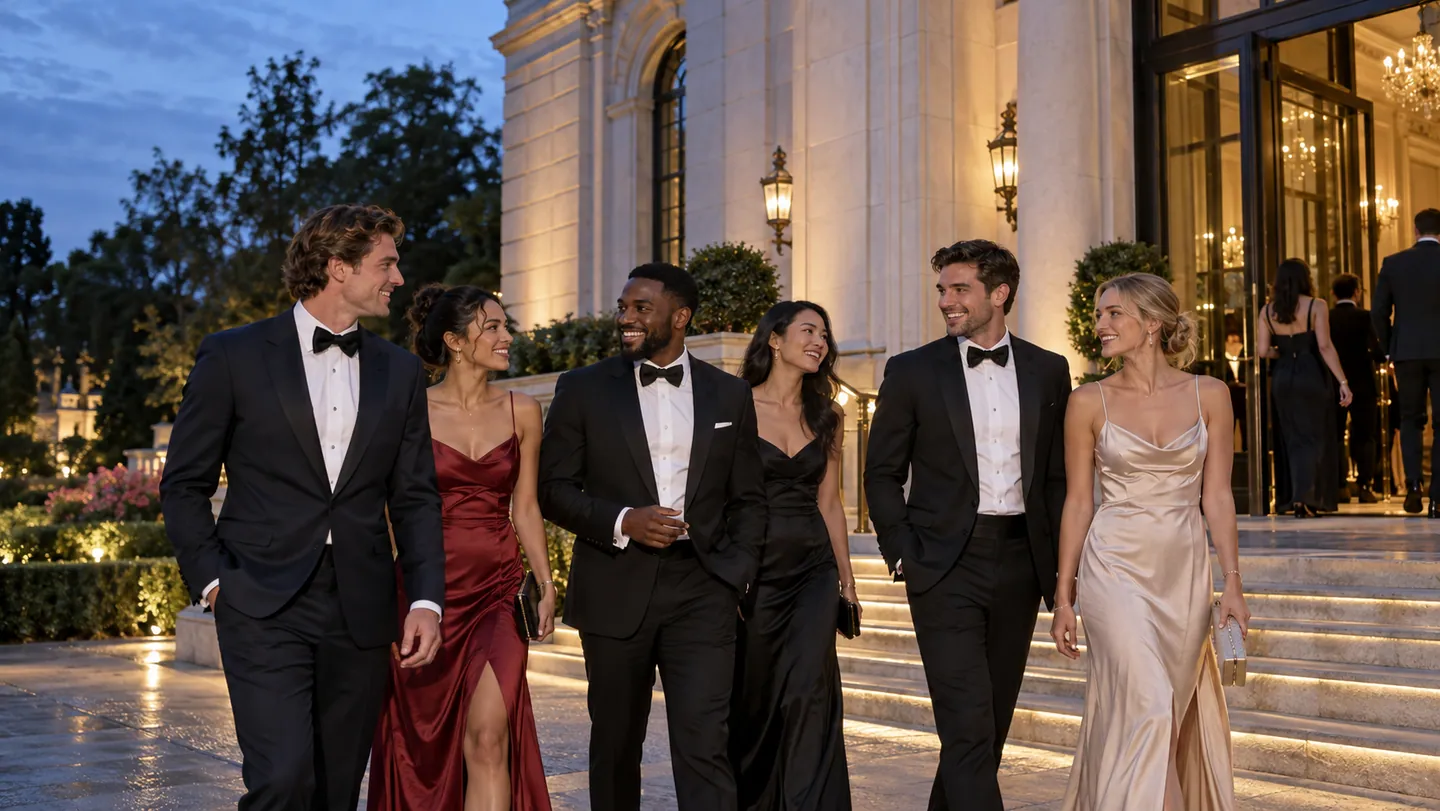 Adult friends in formal attire arriving together at a venue at blue hour